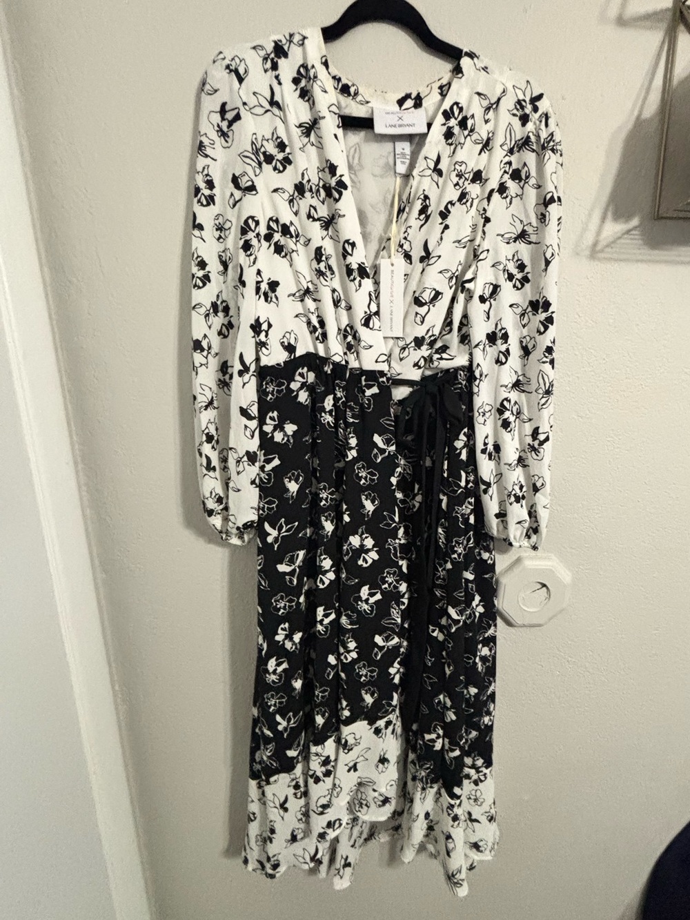 Lane Bryant Black & White Floral Wrap Midi Dress